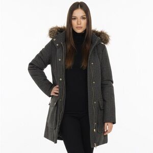 NWOT J. Crew Mercantile parka gray wool faux fur hood button down jacket sz 2
